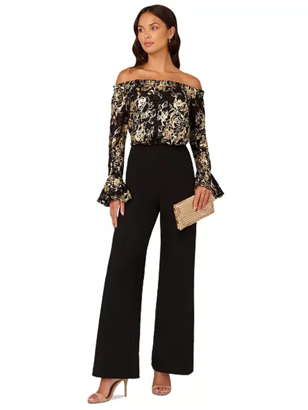 Adrianna Papell Black Wide-Leg Jumpsuit with Gold Floral Bodice
